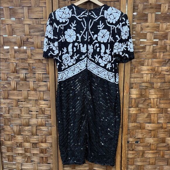 Vintage Swee Lo Women's Art Deco Evening Dress Sz 12 14 Small Black White Sequin - Picture 6 of 7
